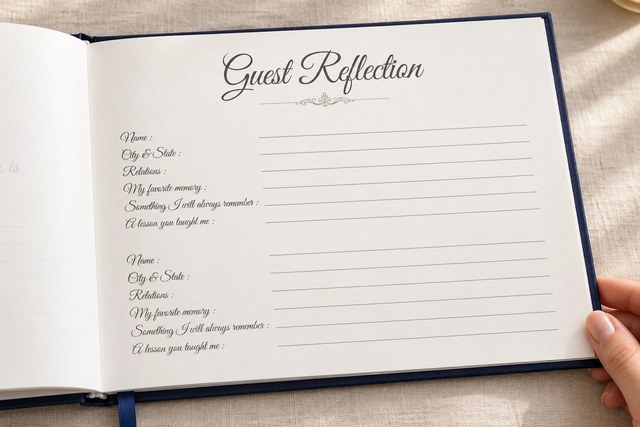 Open guest book page with fields for name, relation, and a favorite memory