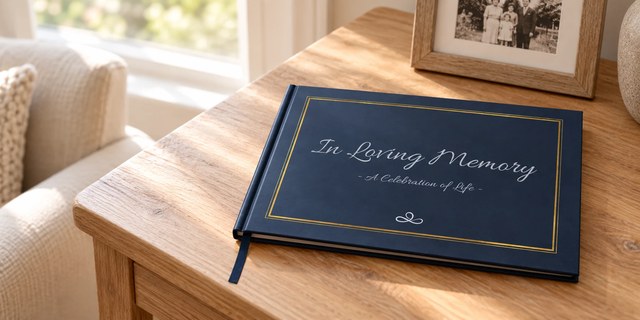 Ceremoria guest book resting on a side table at home next to a family photo