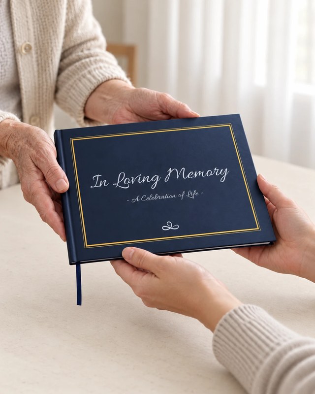 Hands passing the Ceremoria In Loving Memory guest book across generations
